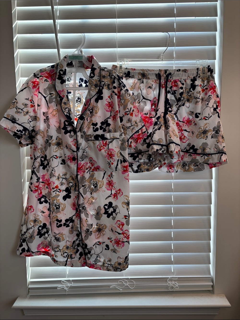 Floral Satin Short Sleeve Top - Pink, Black & Beige Print